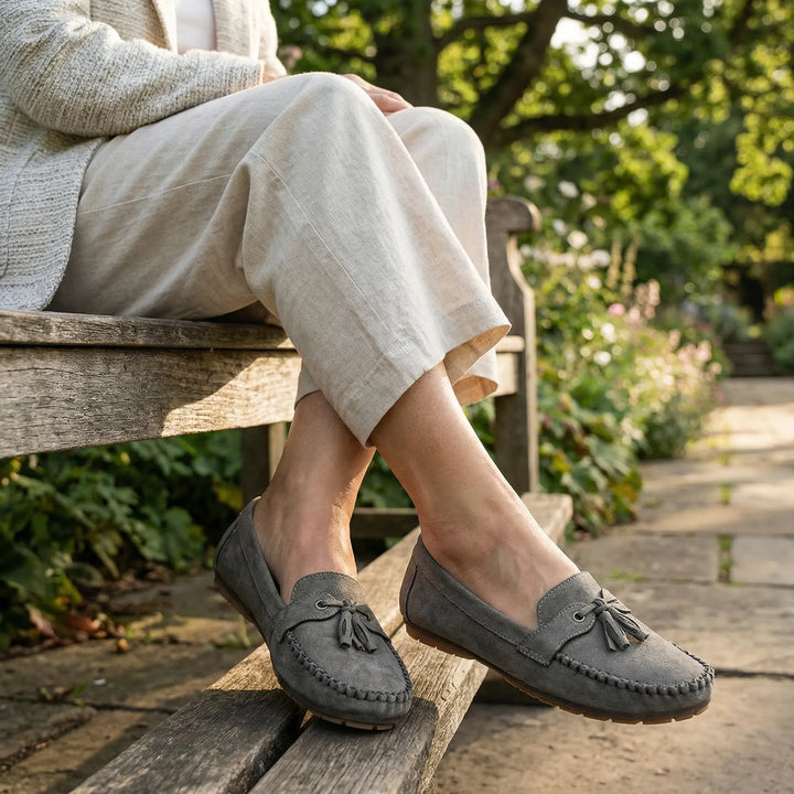 Stone brown extra wide loafers, cloud-like memory foam for comfortable casual footwear.