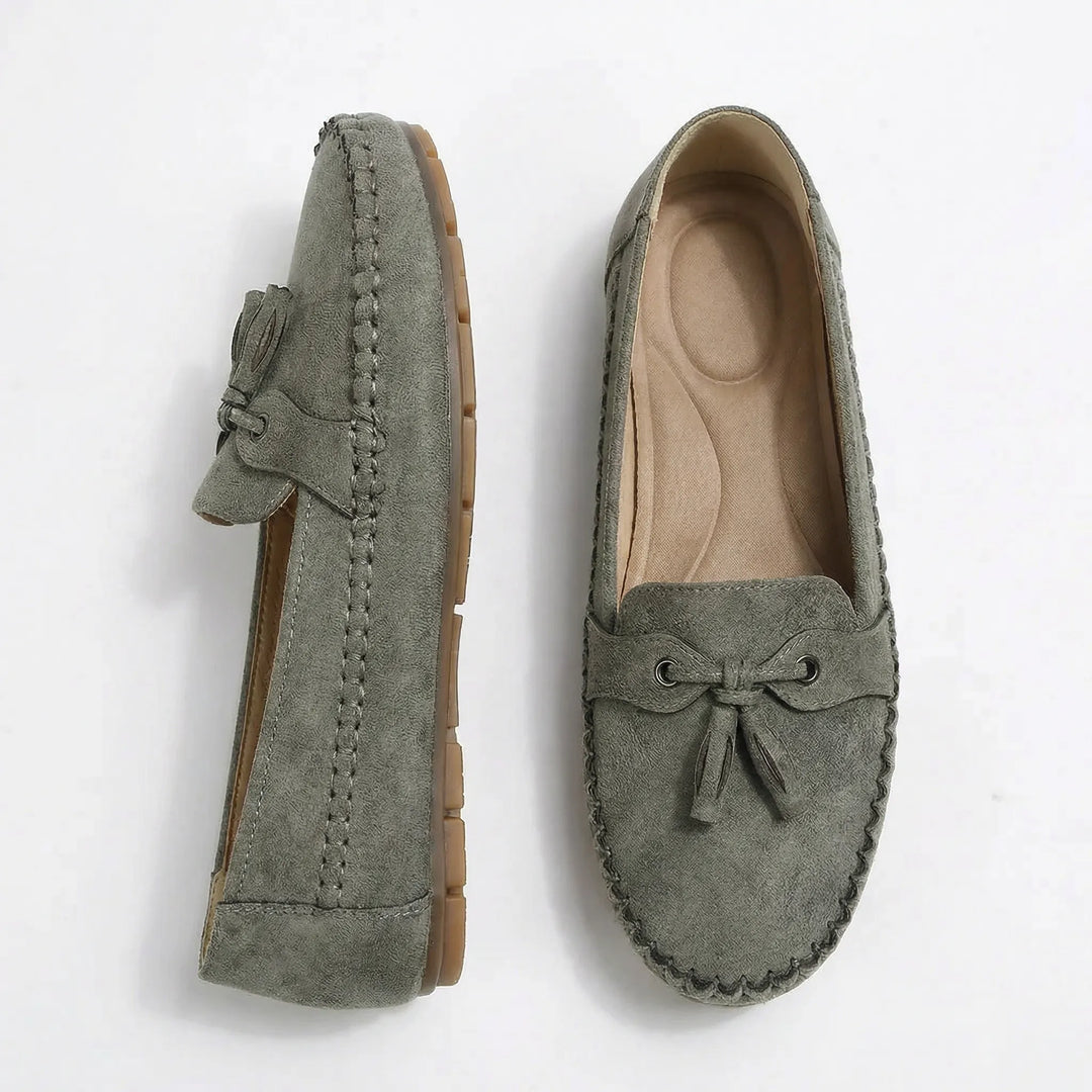 Charcoal grey women's extra wide loafers with memory foam, comfortable slip-on casual footwear.
