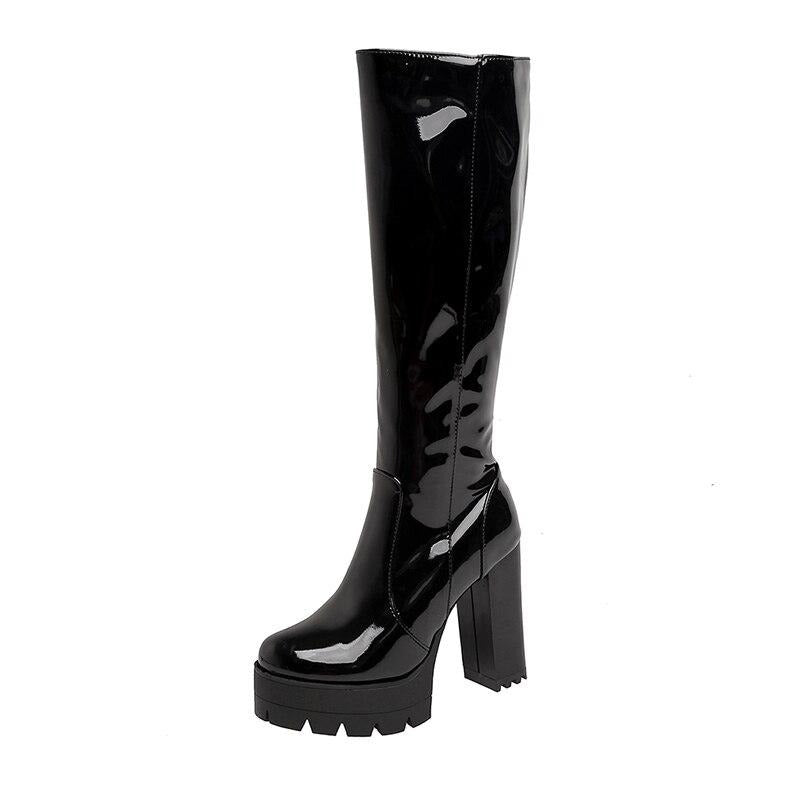 Women's Faith black studded platform long boots with chunky high heels. Perfect for elegant fall & winter fashion.