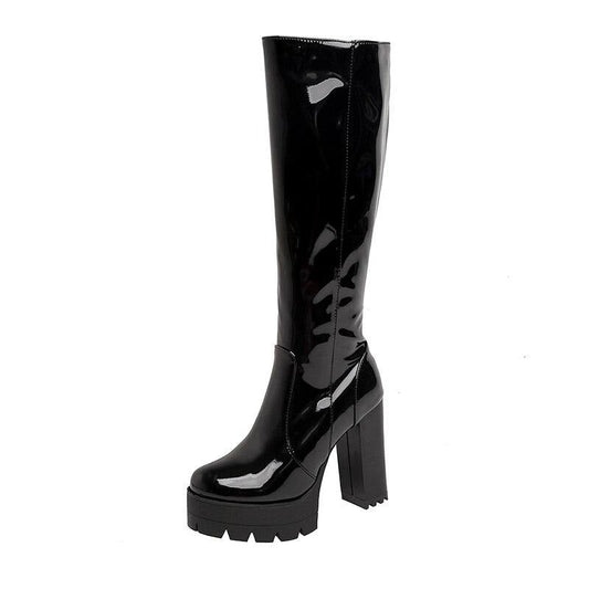 Women's Faith black studded platform long boots with chunky high heels. Perfect for elegant fall & winter fashion.