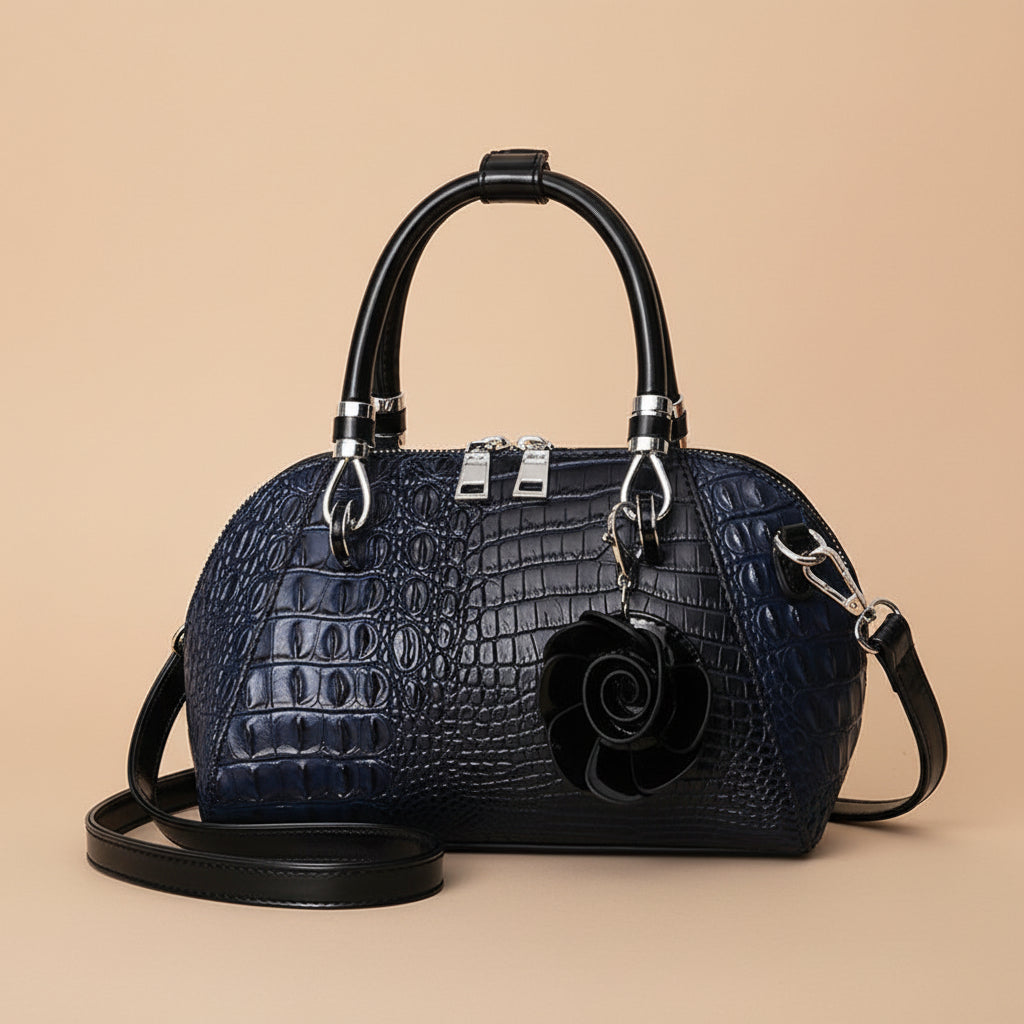 Luxury women's faux leather alligator handbag, textured statement day to night shoulder bag.