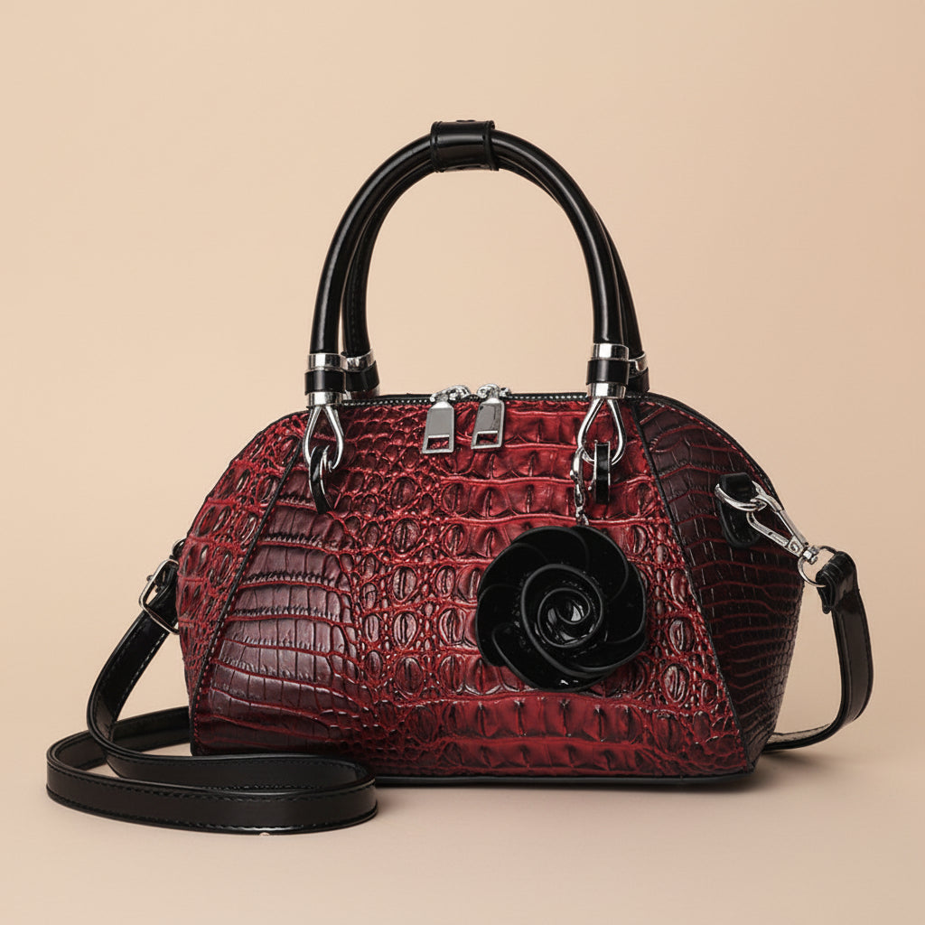 Elegant women's day to night alligator bag, textured faux leather shoulder accessory.