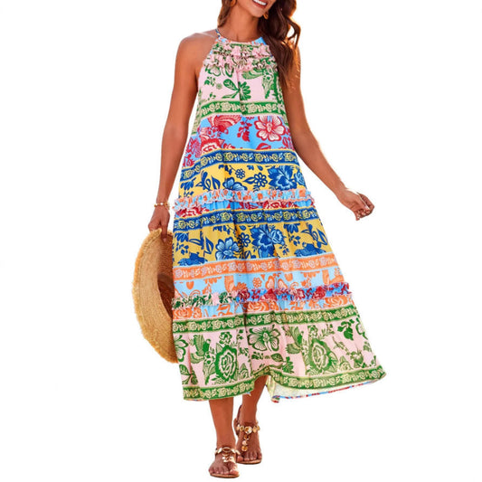 Women's Felicity boho halter tiered maxi dress with floral print, perfect for summer vacation & beachwear.