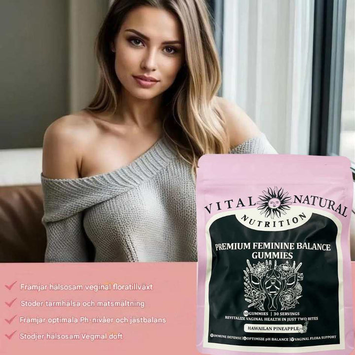Natural plant-based FemVera gummies for women's pH balance and daily intimate health.