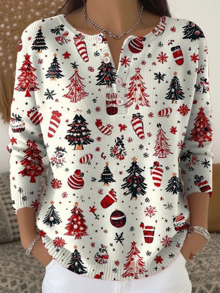 Women's festive Christmas jumper with snowflake & pine print, decorative buttons. Cozy cotton blend holiday sweater.