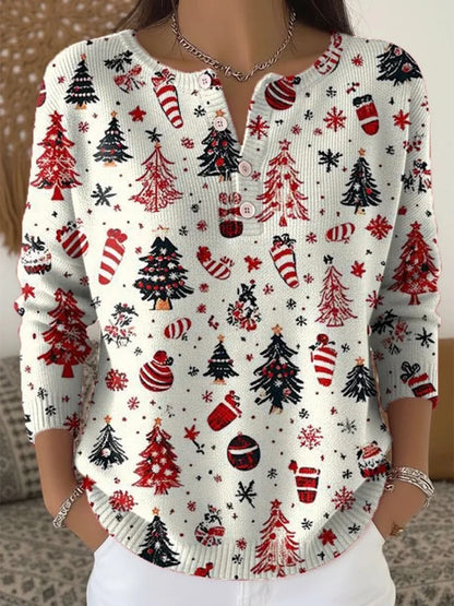 Women's festive Christmas jumper with snowflake & pine print, decorative buttons. Cozy cotton blend holiday sweater.
