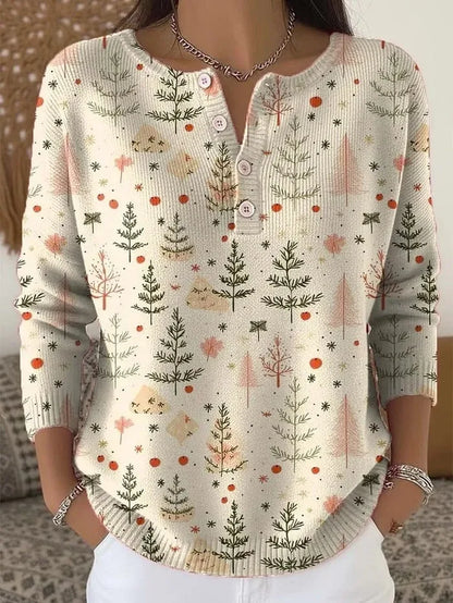 Knitted women's Christmas jumper with elegant pine branches, snowflakes, and decorative buttons. Perfect festive wear.