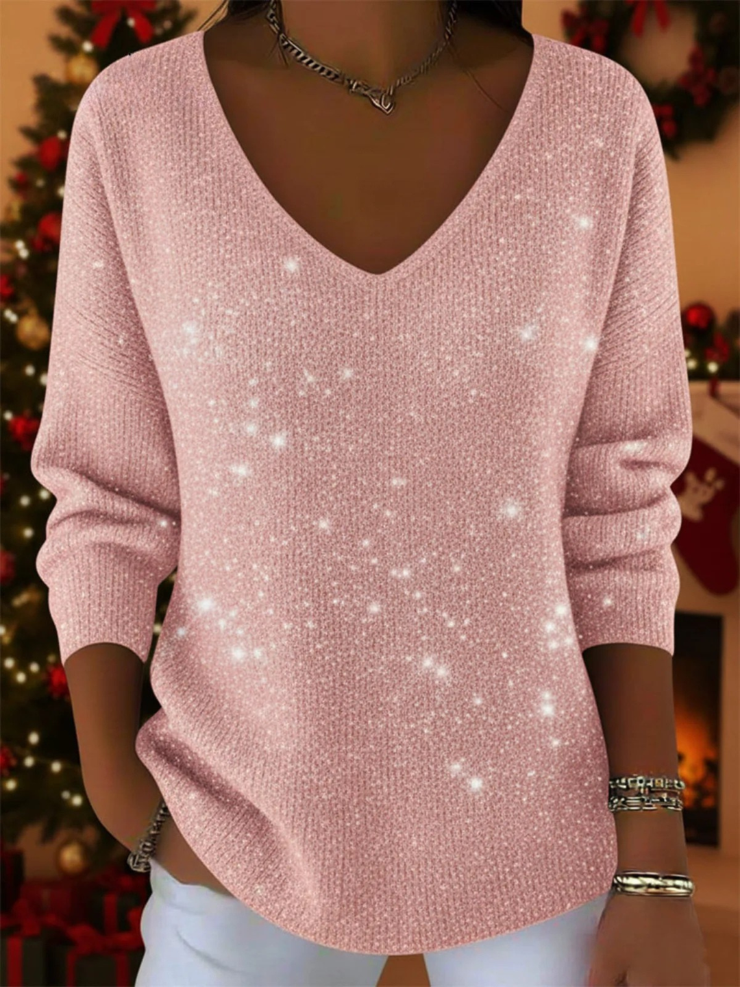 Versatile women's V-neck sweater. Long-sleeve festive pullover, perfect for elegant seasonal charm & winter outfits.