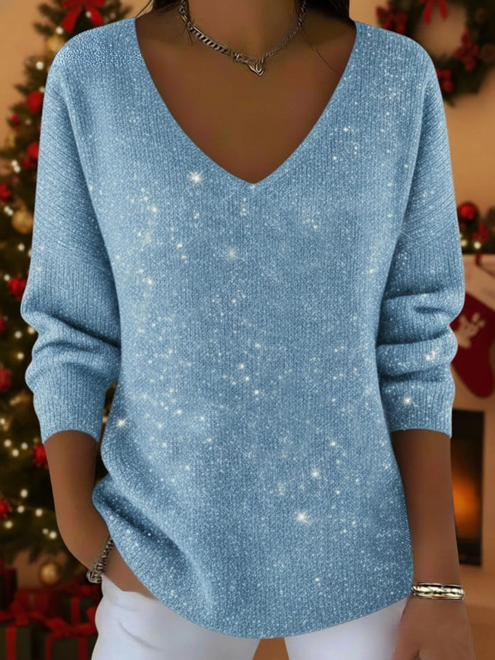 Stylish women's festive V-neck sweater. Elegant long-sleeve top, perfect holiday attire for seasonal comfort & parties.