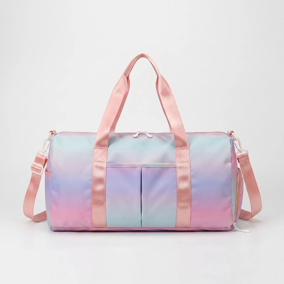 Organized women's gym duffel bag with separate shoe compartment & multiple pockets for workout gear and travel essentials.