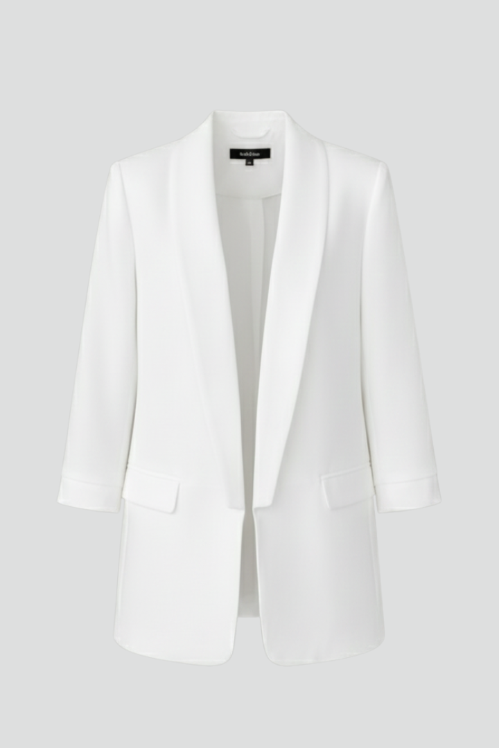 Women's fitted black wrap collar blazer for professional office wear & elegant work outfits.