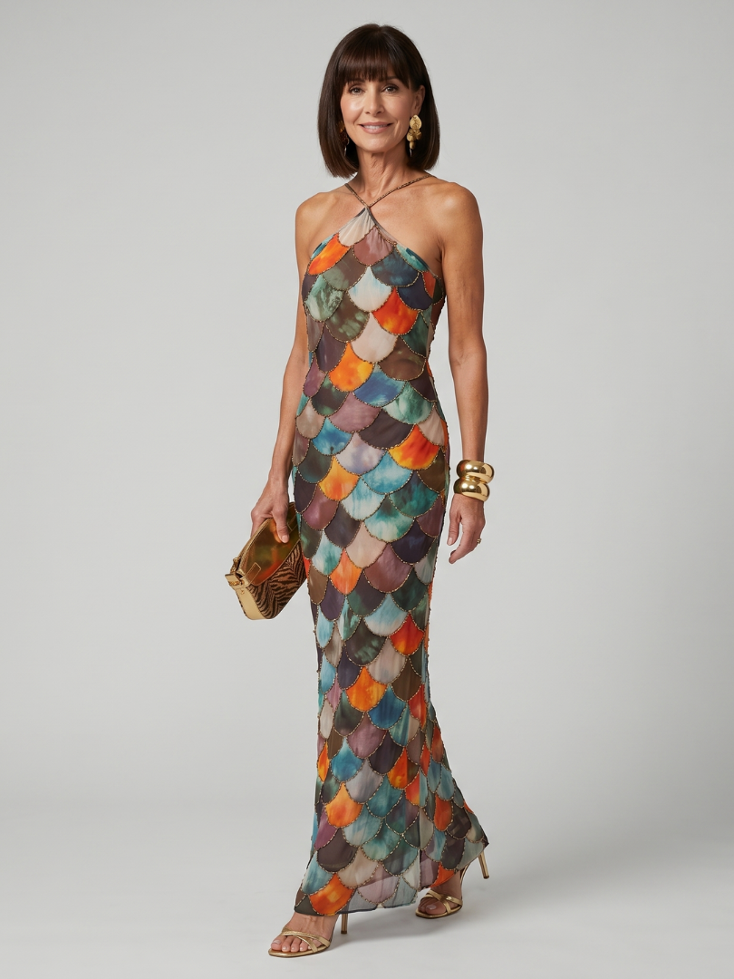 Women's fitted halter maxi dress featuring a chic geometric scale print, perfect for summer occasions.