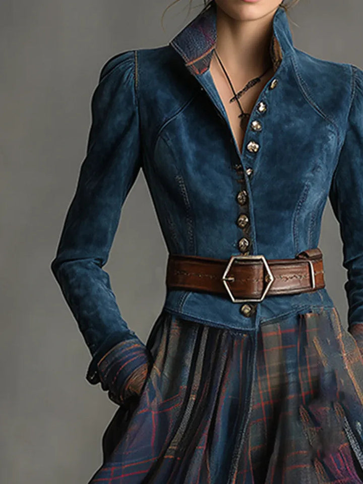 Vintage style women's fitted maxi dress, navy blue with an elegant plaid skirt. Ideal for autumn occasion wear.