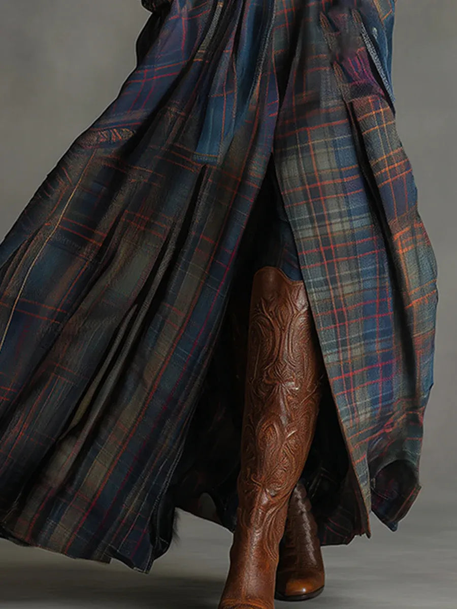 Elegant women's long sleeve maxi dress featuring a full plaid skirt. A stylish fitted dress for fall & winter fashion.