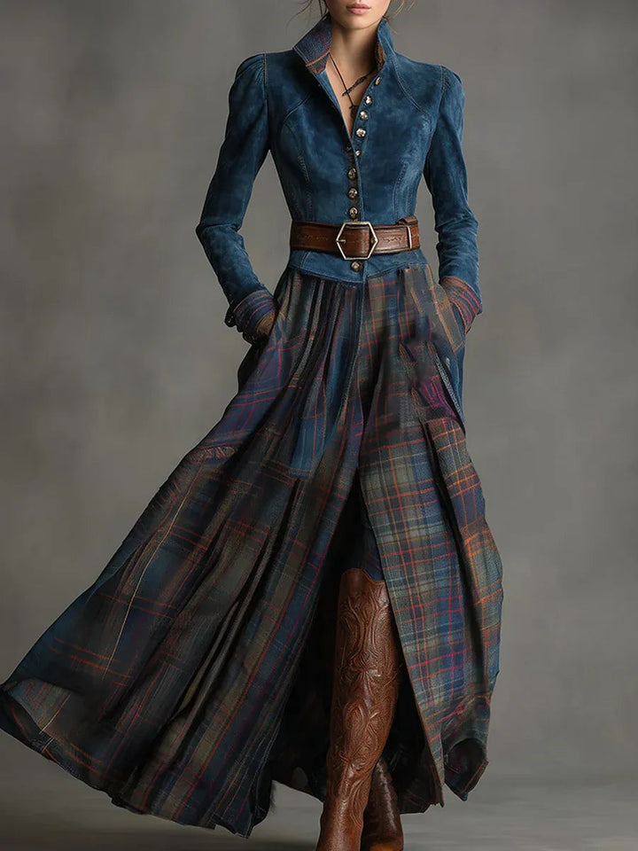 Bohemian-inspired women's fitted maxi dress with elegant plaid skirt. Navy blue long sleeve design, great for fall fashion.