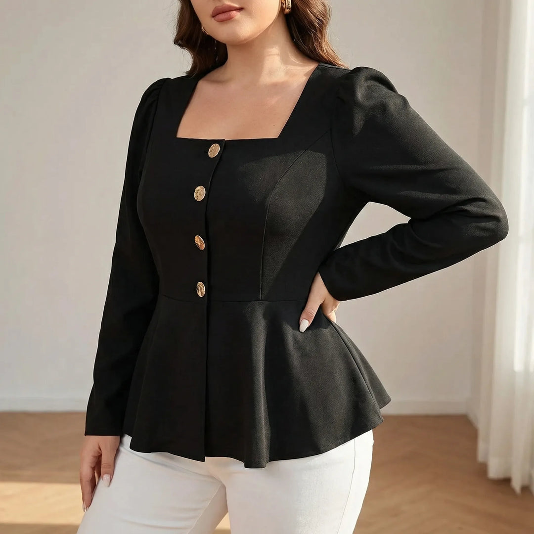 Women's fitted peplum waist top with square neckline. Elegant and flattering, perfect for chic fashion.