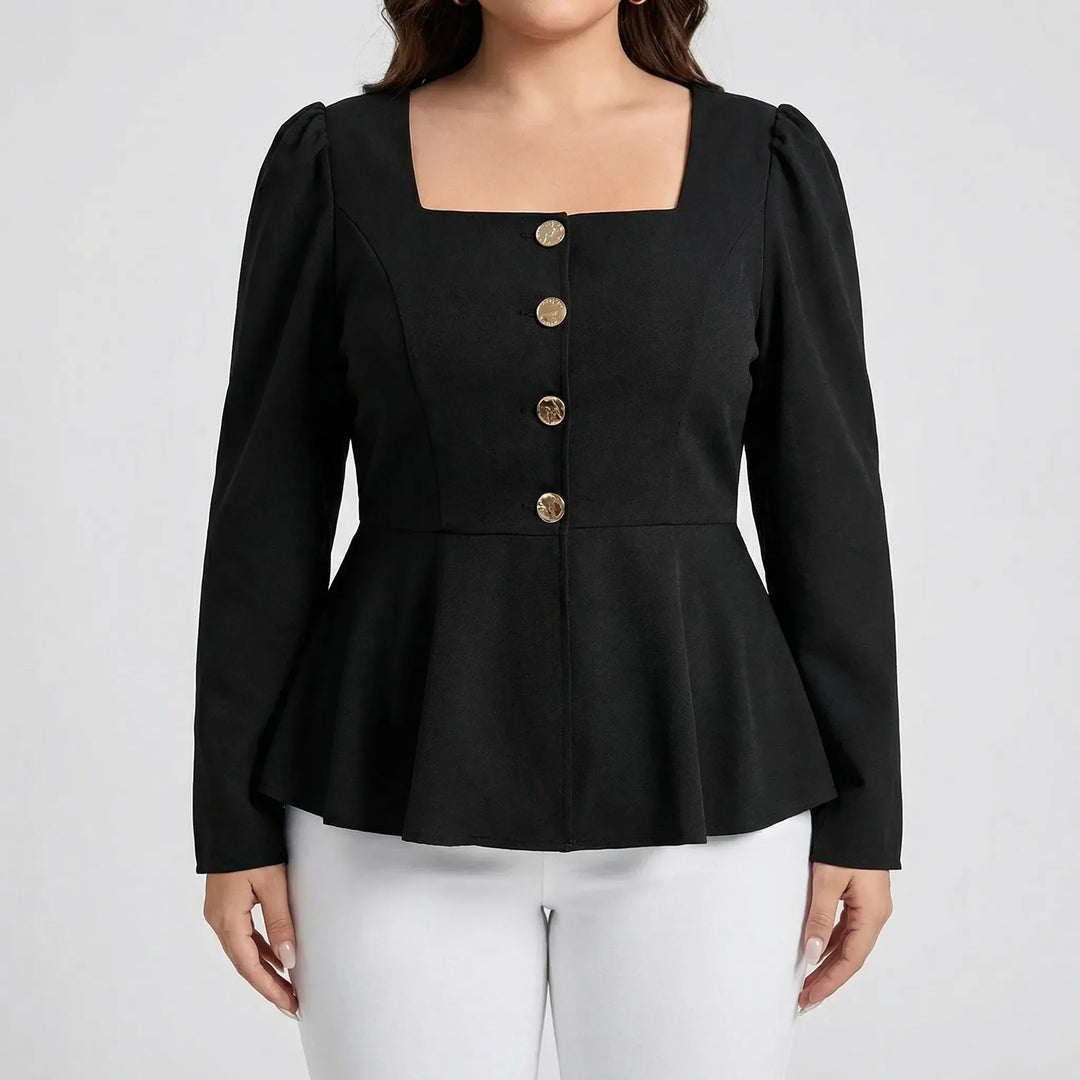 Chic women's long sleeve peplum top. Features a square neckline, button front, and flattering fitted waist.