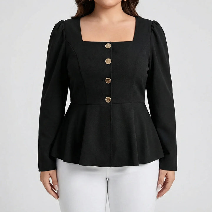 Chic women's long sleeve peplum top. Features a square neckline, button front, and flattering fitted waist.