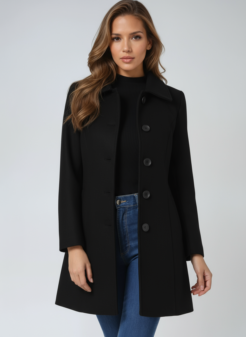 Women's fitted trench coat with elegant button closure, perfect for professional workwear.