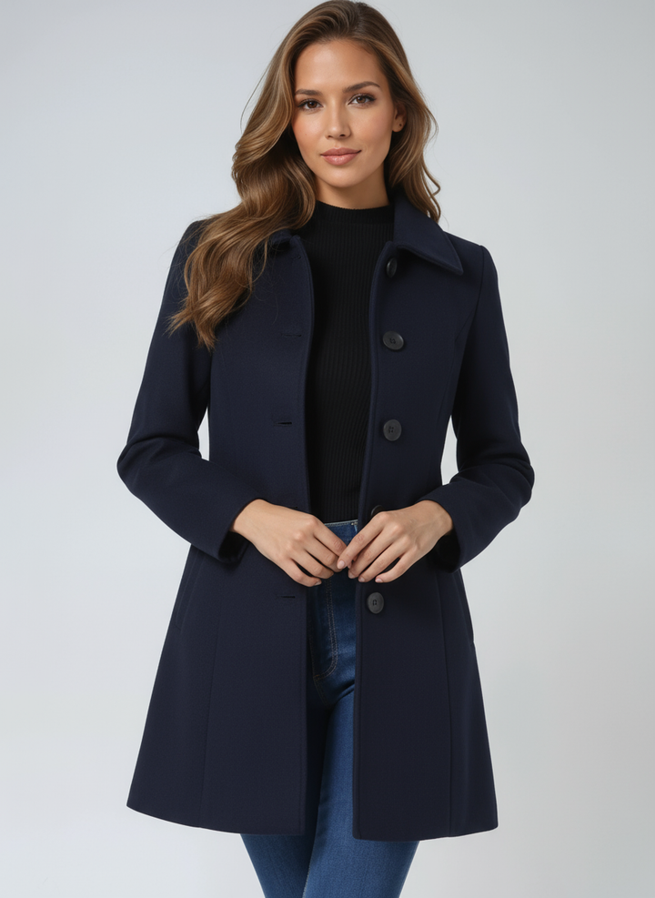 Elegant women's fitted trench coat, a classic professional jacket with sophisticated button closure detail.