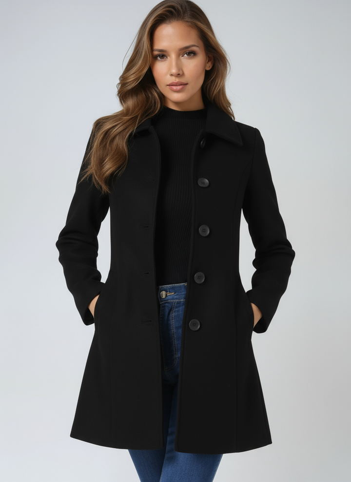 Classic women's fitted trench coat, elegant outerwear with structured collar & stylish button detail.
