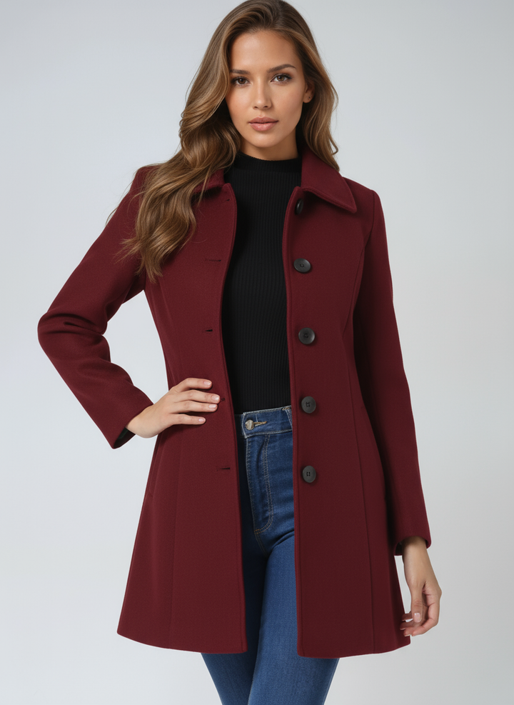 Women's fashion fitted trench coat, elegant workwear outerwear with button closure and structured collar.