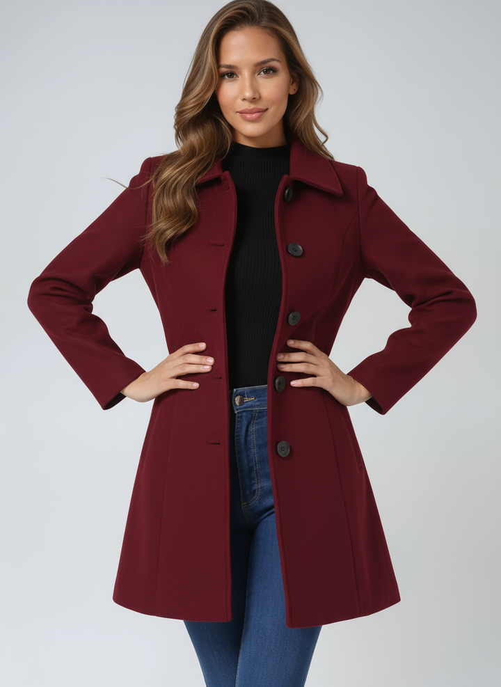 Sophisticated women's fitted trench coat, perfect professional jacket with elegant button closure.