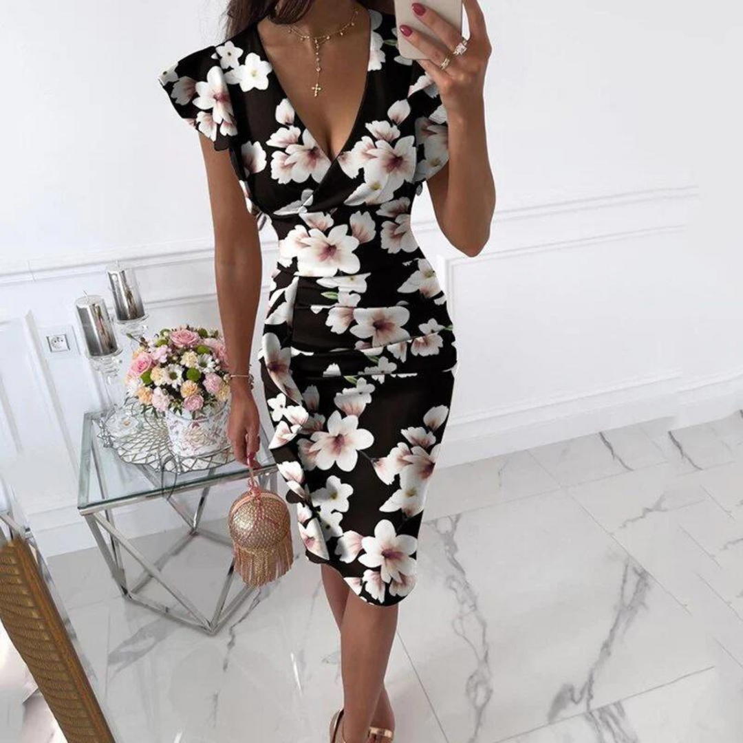 Women's fitted V-neck summer midi dress, a stylish and comfortable short sleeve casual option.
