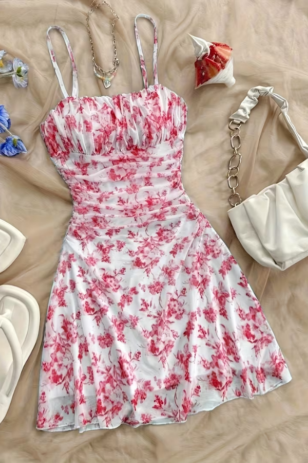 Elegant women's halter floral mini dress, ideal for summer vacations & parties. Features a flattering flared skirt.