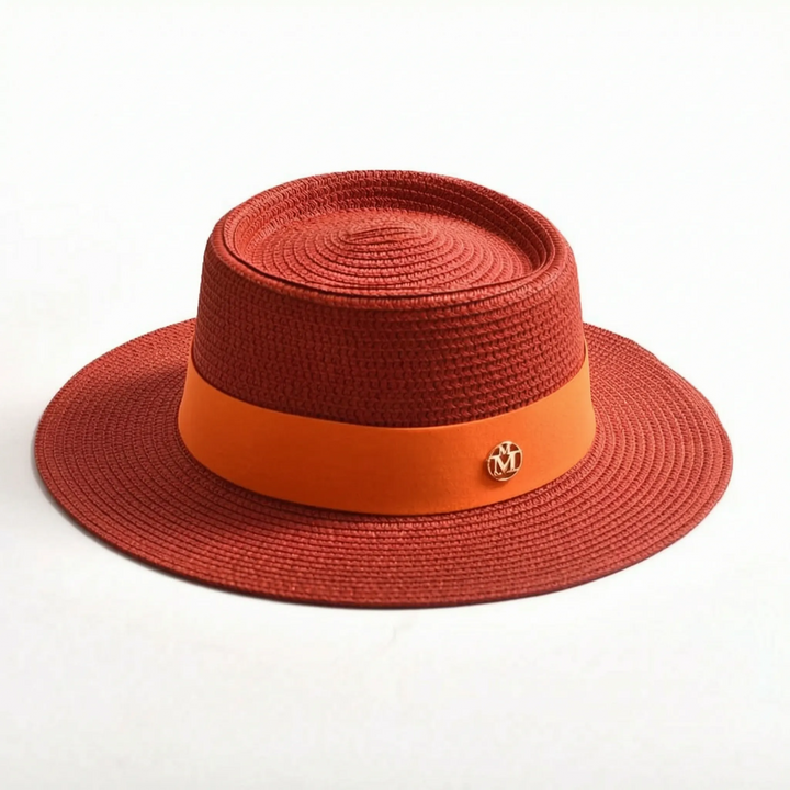 Classic women's flat top sun hat. Woven straw texture, wide brim offers stylish protection for sunny days.