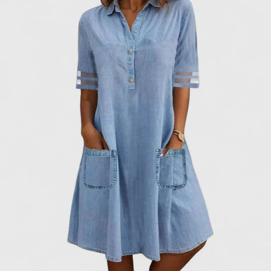 Women's flattering A-line casual dress with button front for versatile summer everyday style.