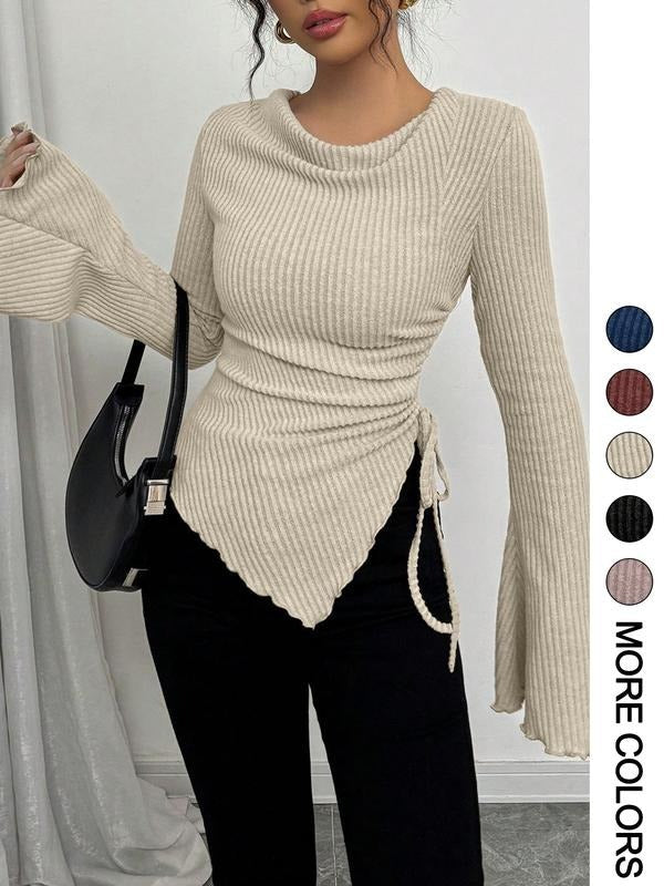 Women's flattering rib knit wrap top with tie waist & long flared sleeves. Elegant & comfortable everyday fashion.