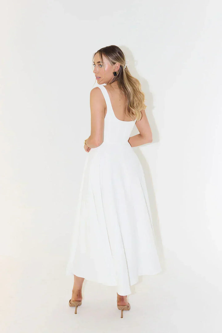 Flattering women's midi dress with an elegant square neckline, perfect for summer day to night.