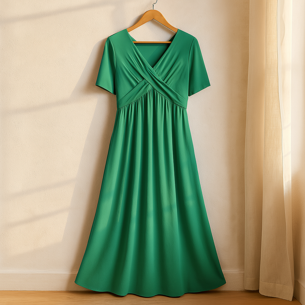 Comfortable Leia #878 V-neck midi dress for women, featuring a flattering A-line silhouette & pockets.