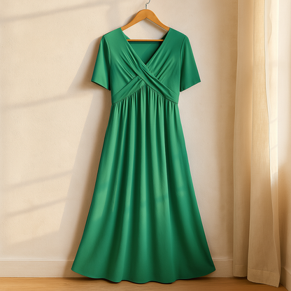 Comfortable Leia #878 V-neck midi dress for women, featuring a flattering A-line silhouette & pockets.