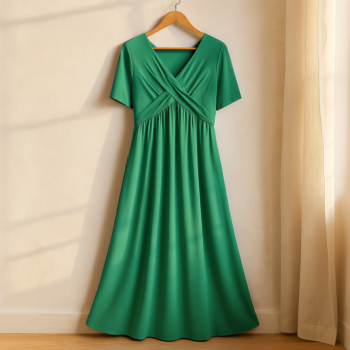 Comfortable Leia #878 V-neck midi dress for women, featuring a flattering A-line silhouette & pockets.