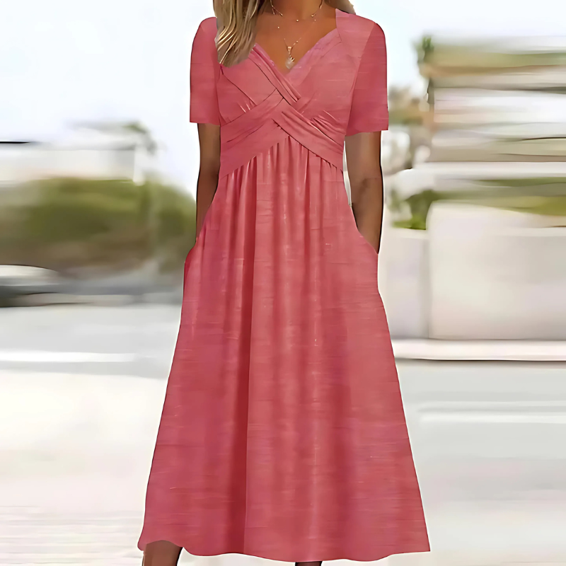 Leia #878 comfortable women's V-neck midi dress, elegant A-line silhouette, ruched details, pockets.
