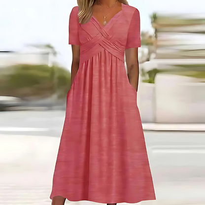 Leia #878 comfortable women's V-neck midi dress, elegant A-line silhouette, ruched details, pockets.