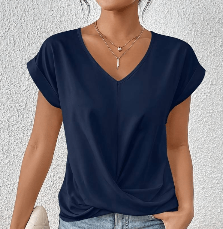 Comfortable women's short sleeve V-neck tunic top for versatile everyday wear & elegant casual look.