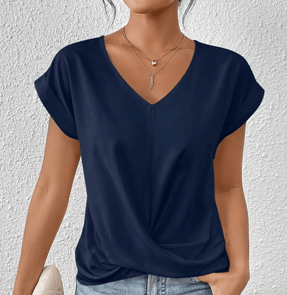 Comfortable women's short sleeve V-neck tunic top for versatile everyday wear & elegant casual look.