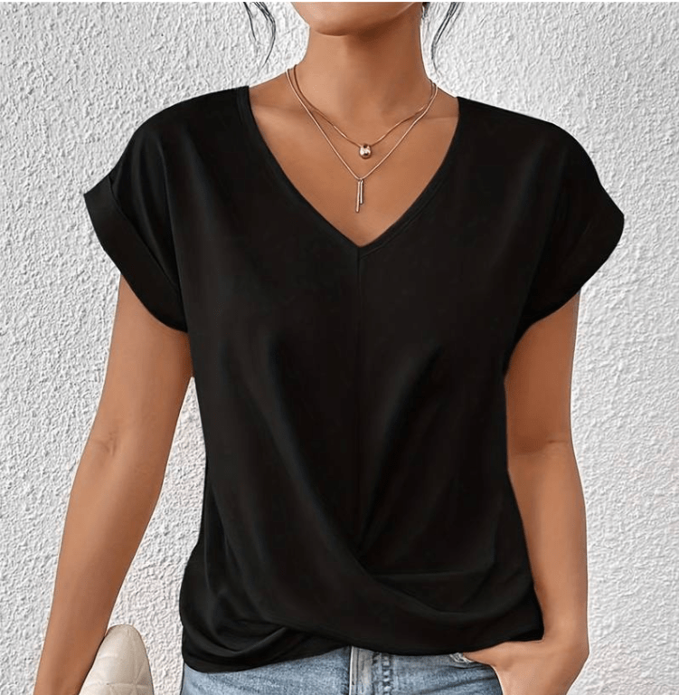 Versatile women's V-neck tunic top, comfortable & chic, perfect for everyday and casual elegance.