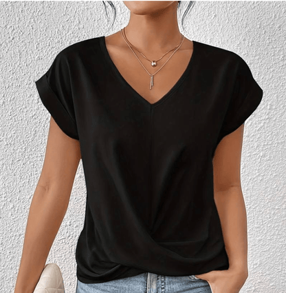 Versatile women's V-neck tunic top, comfortable & chic, perfect for everyday and casual elegance.