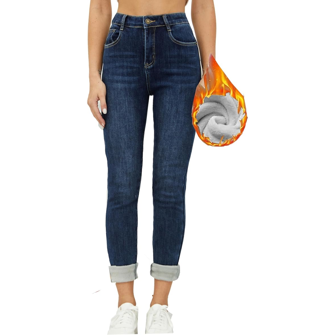Women's fleece-lined thermal skinny jeans in dark wash, perfect for winter warmth & cold weather.