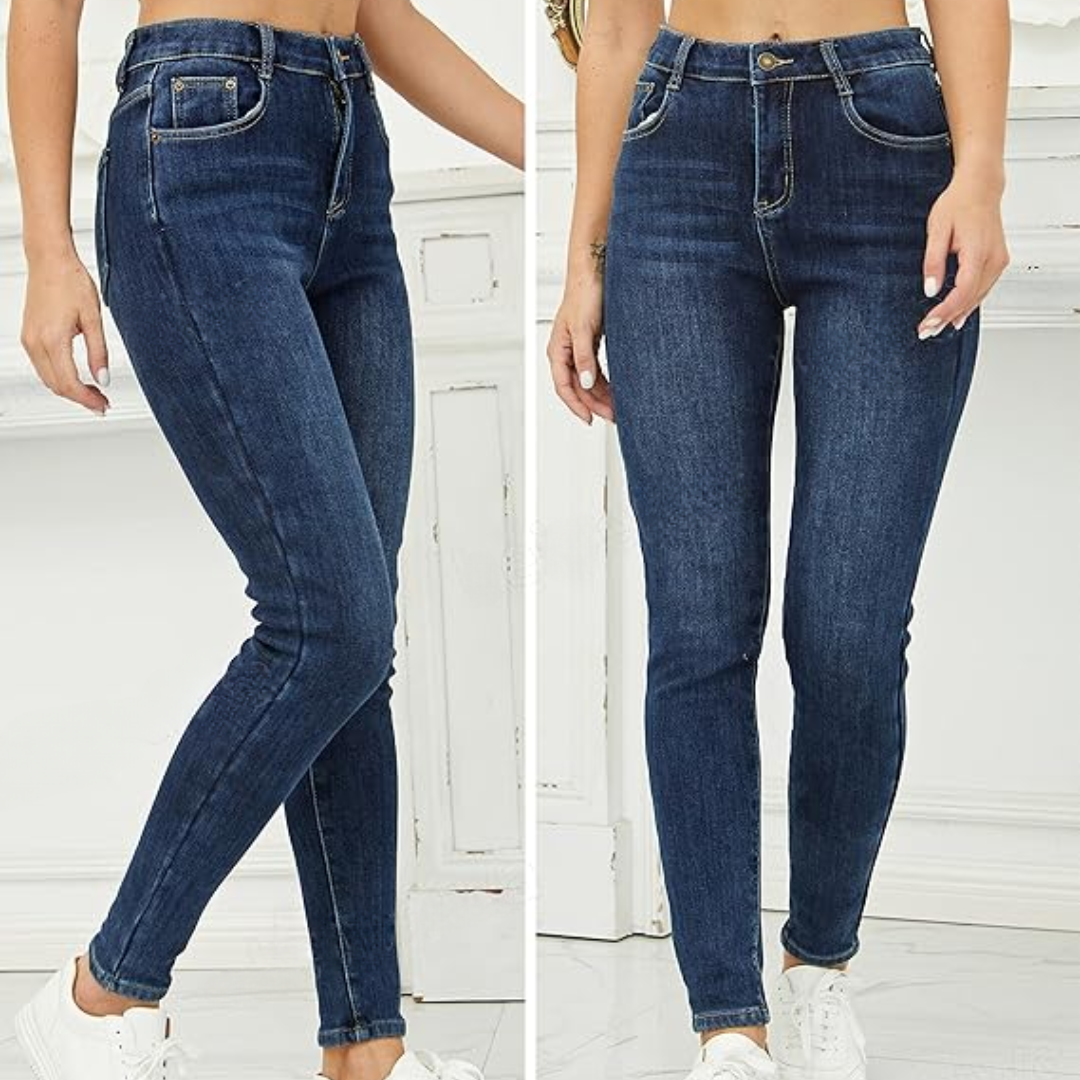 Warm women's winter jeans, featuring a soft fleece lining for cold weather comfort & style.