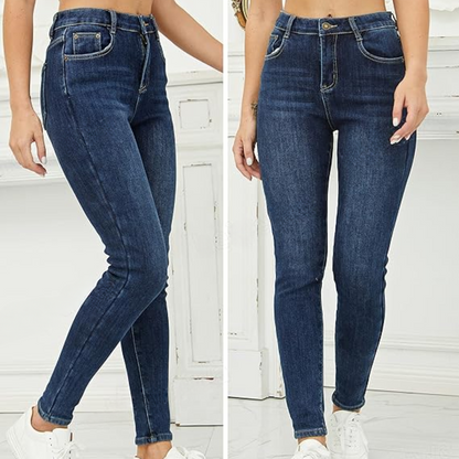 Warm women's winter jeans, featuring a soft fleece lining for cold weather comfort & style.