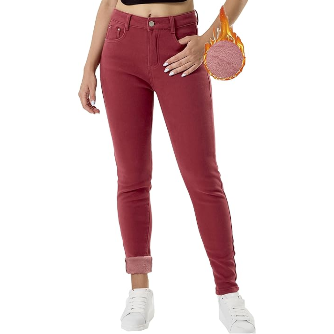 Cozy women's thermal skinny jeans with soft fleece lining, ideal for winter wear & everyday style.