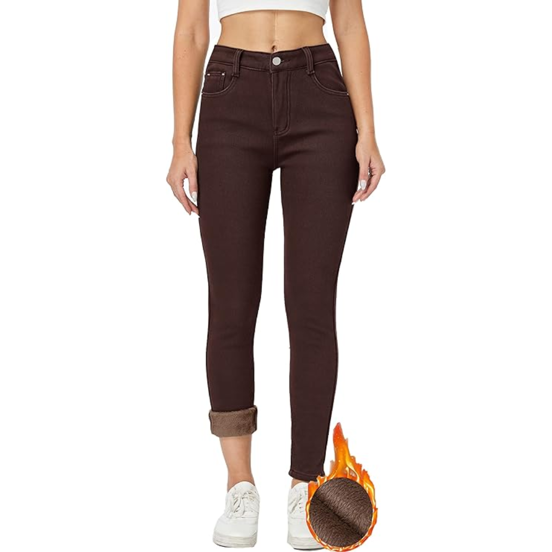 Soft fleece-lined women's thermal skinny jeans, designed for maximum winter warmth & comfort.