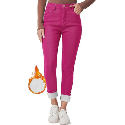 Dark wash women's thermal skinny jeans, fleece-lined for cozy winter wear & everyday style.