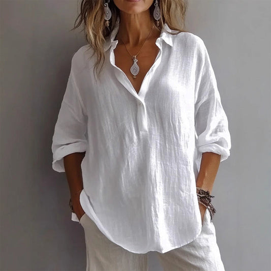 Women's Fleur relaxed fit long sleeve button shirt, a comfortable collared top for everyday casual wear.