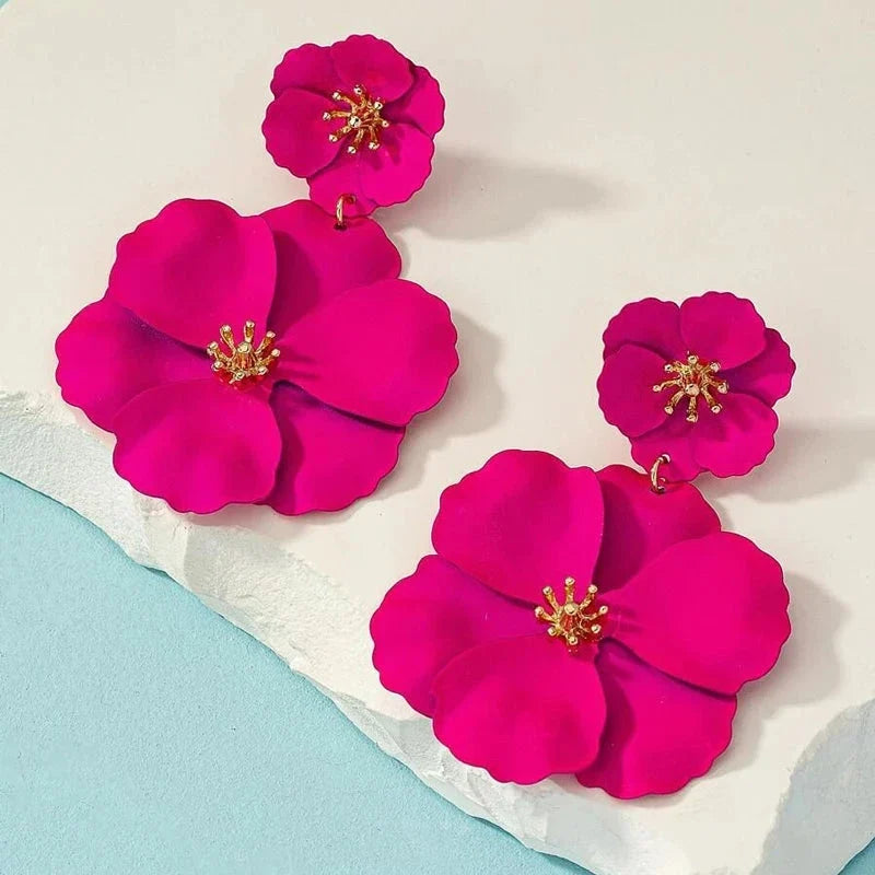 Beautiful women's floral drop earrings, Fleura Cascade design in eye-catching fuchsia and crisp white.